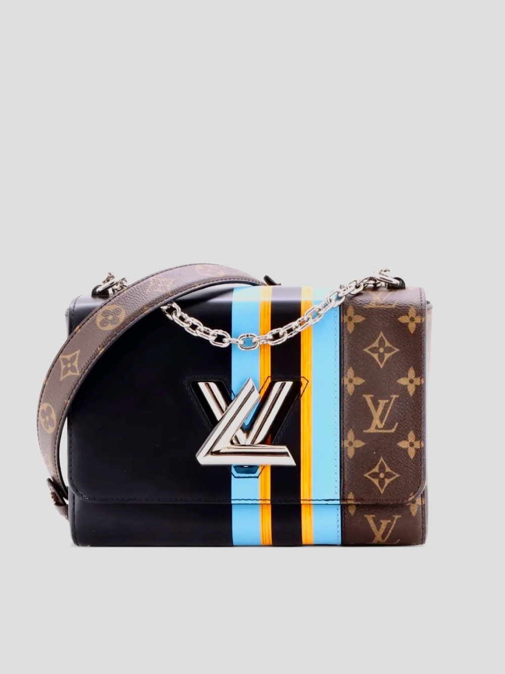 Louis Vuitton Black, Brown & Blue Monogram Lock Shoulder Bag with Yellow Stripe